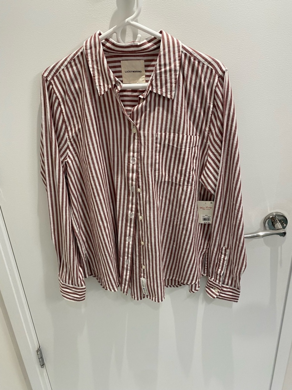 Lucky Brand burgundy stripe blouse, size M, 100% cotton. NWT, never worn